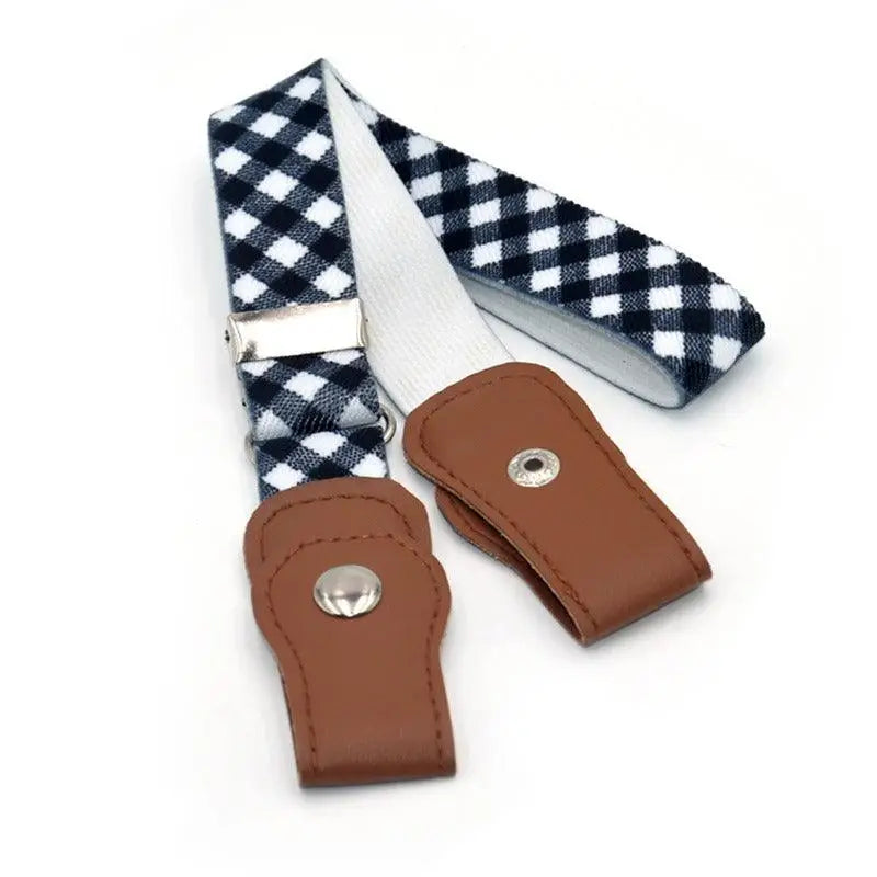Black and white checkered suspenders with plaid belt for parents alike in Denim Shorts setting
