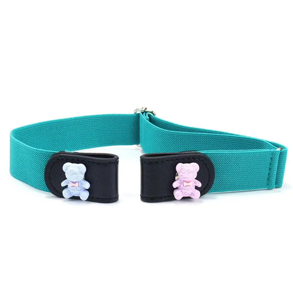 Teal mélusine belt with mint green and pink teddy bear-shaped fasteners