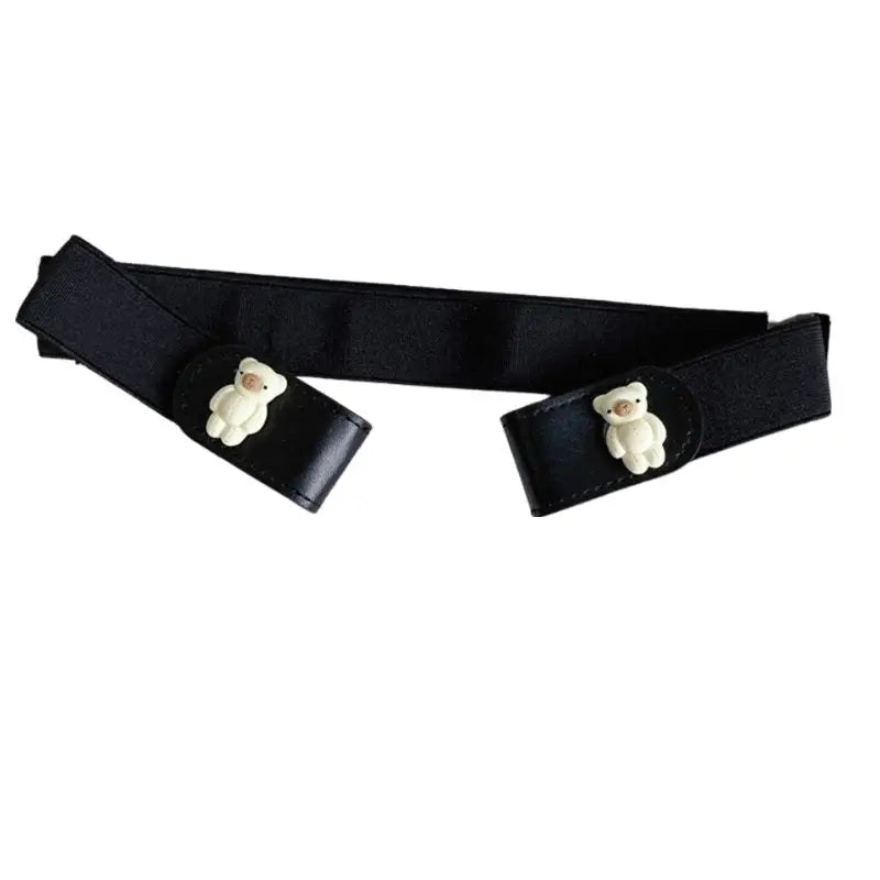 Black elastic belt with teddy bear accents featuring a cartoon button elastic detail