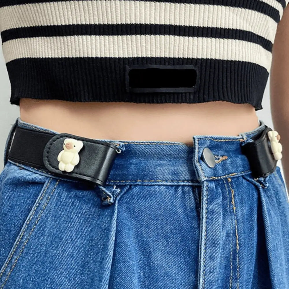 Black belt with teddy bear accents for Blue Denim Skirt featuring cartoon button elastic waist