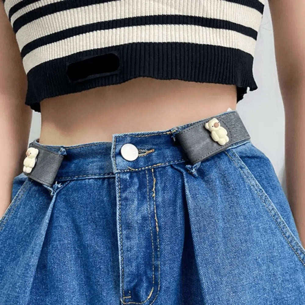 Blue denim skirt with teddy bear accents and cartoon button elastic waist