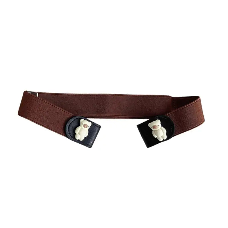 Brown elastic belt with teddy bear clasps complements Blue Denim Skirt with Cartoon Button Elastic