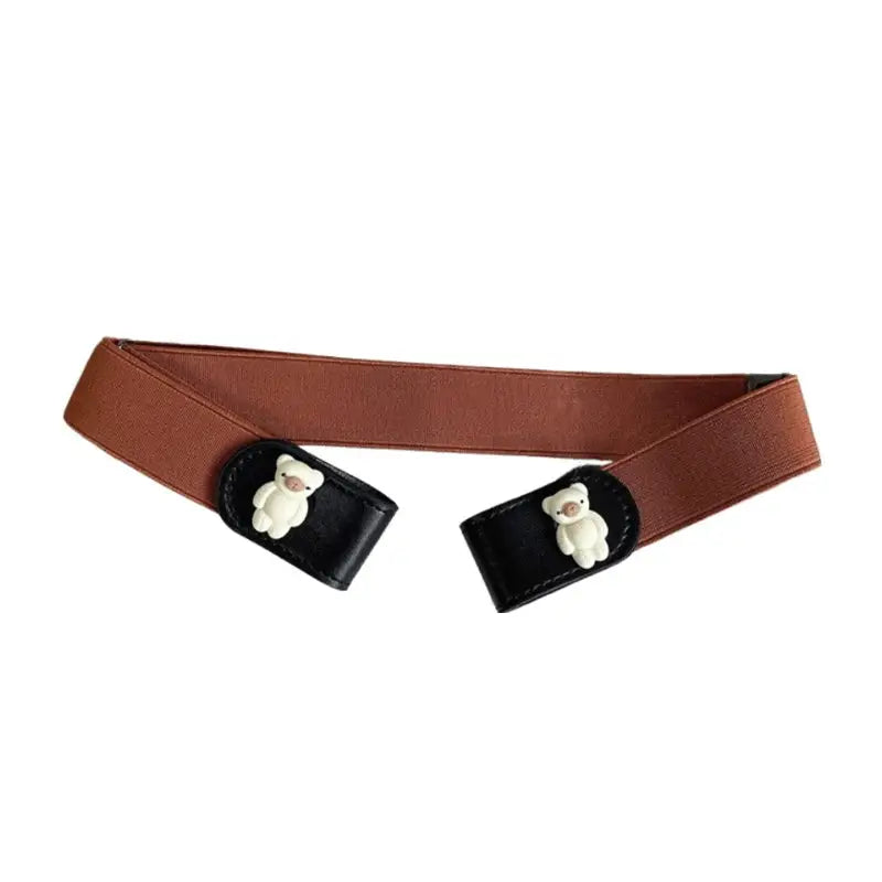 Brown elastic belt with teddy bear clasps for Blue Denim Skirt featuring cartoon button elastic