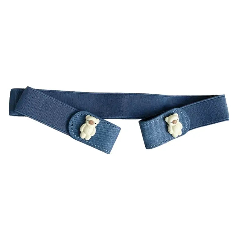 Blue denim skirt with cartoon button elastic and teddy bear accents