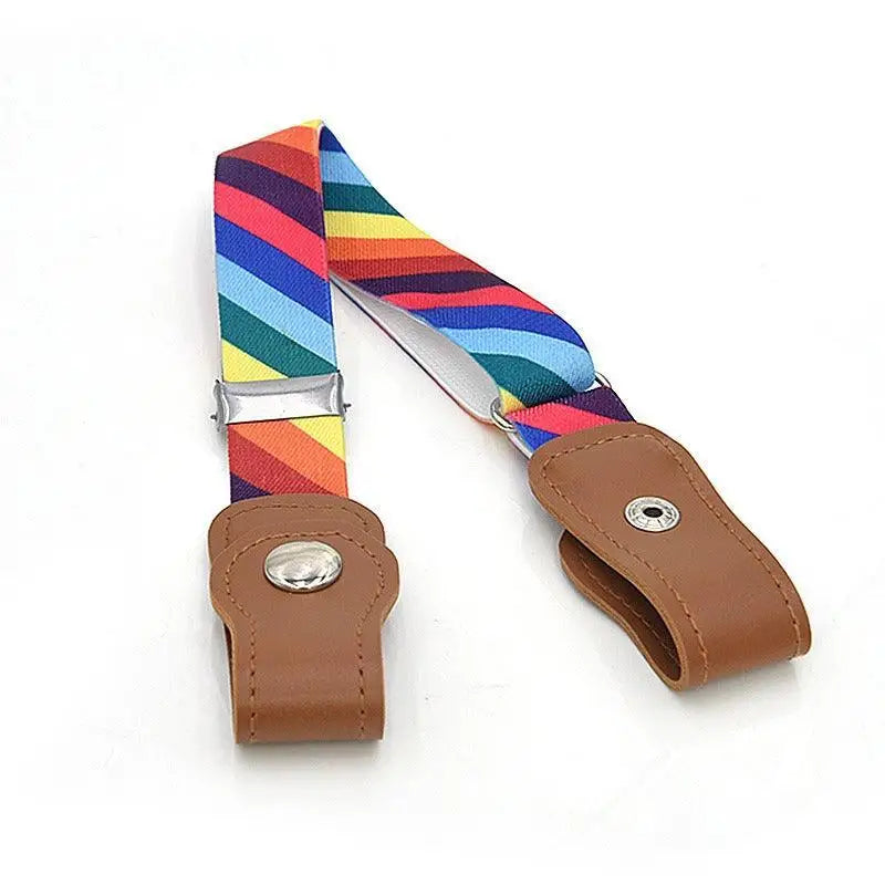 Arcanix belt with rainbow stripes, adjustable accessory for denim shorts and suspenders