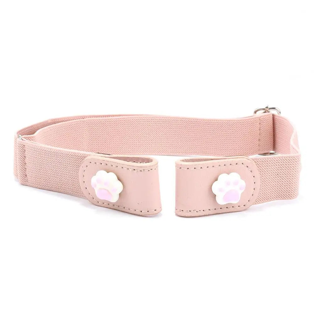 Pink elastic Girl’s Lavender Eulalie Belt featuring paw print accents and cartoon button closure
