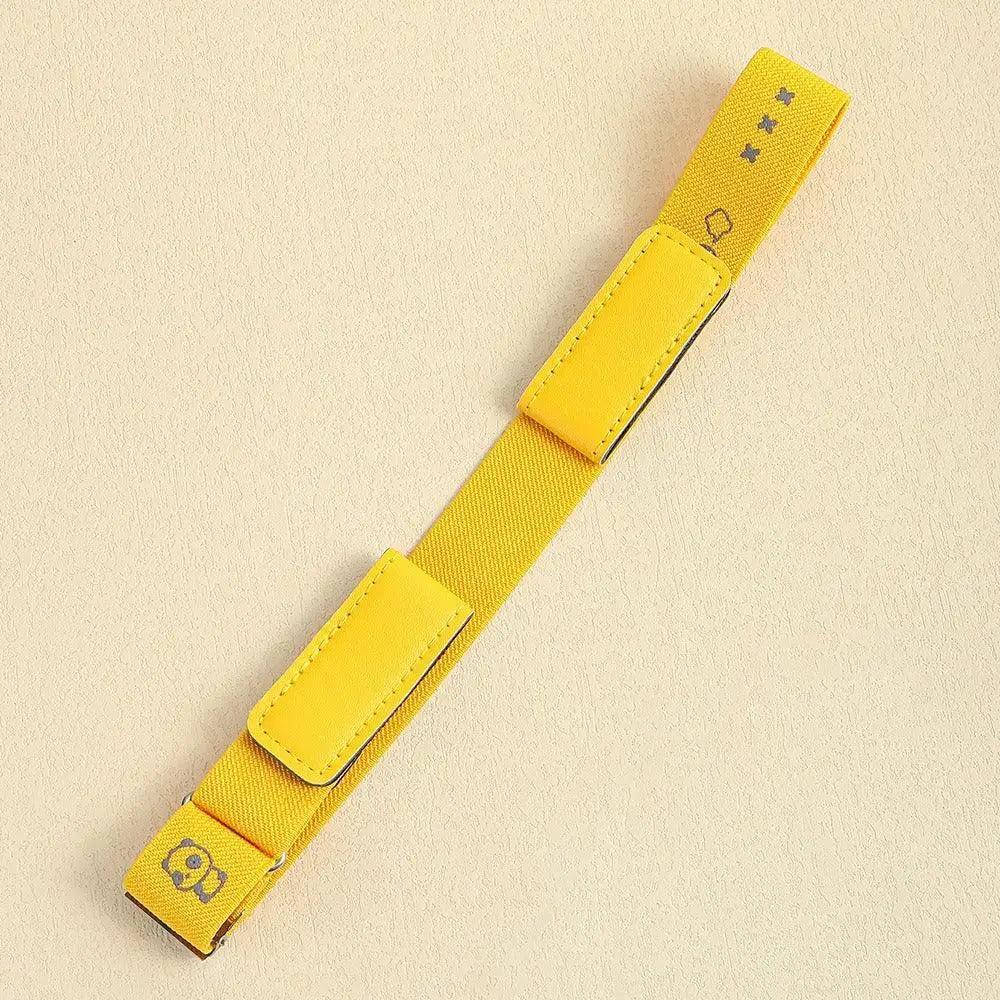 Yellow elastic strap with leather accents on Erwin Buckle-Free Belt for denim shorts