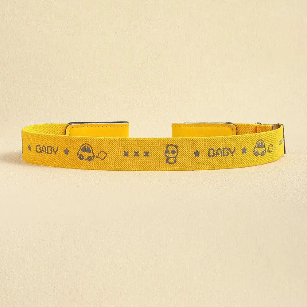 Yellow baby belt with cartoon designs, part of the Erwin Buckle-Free Belt collection