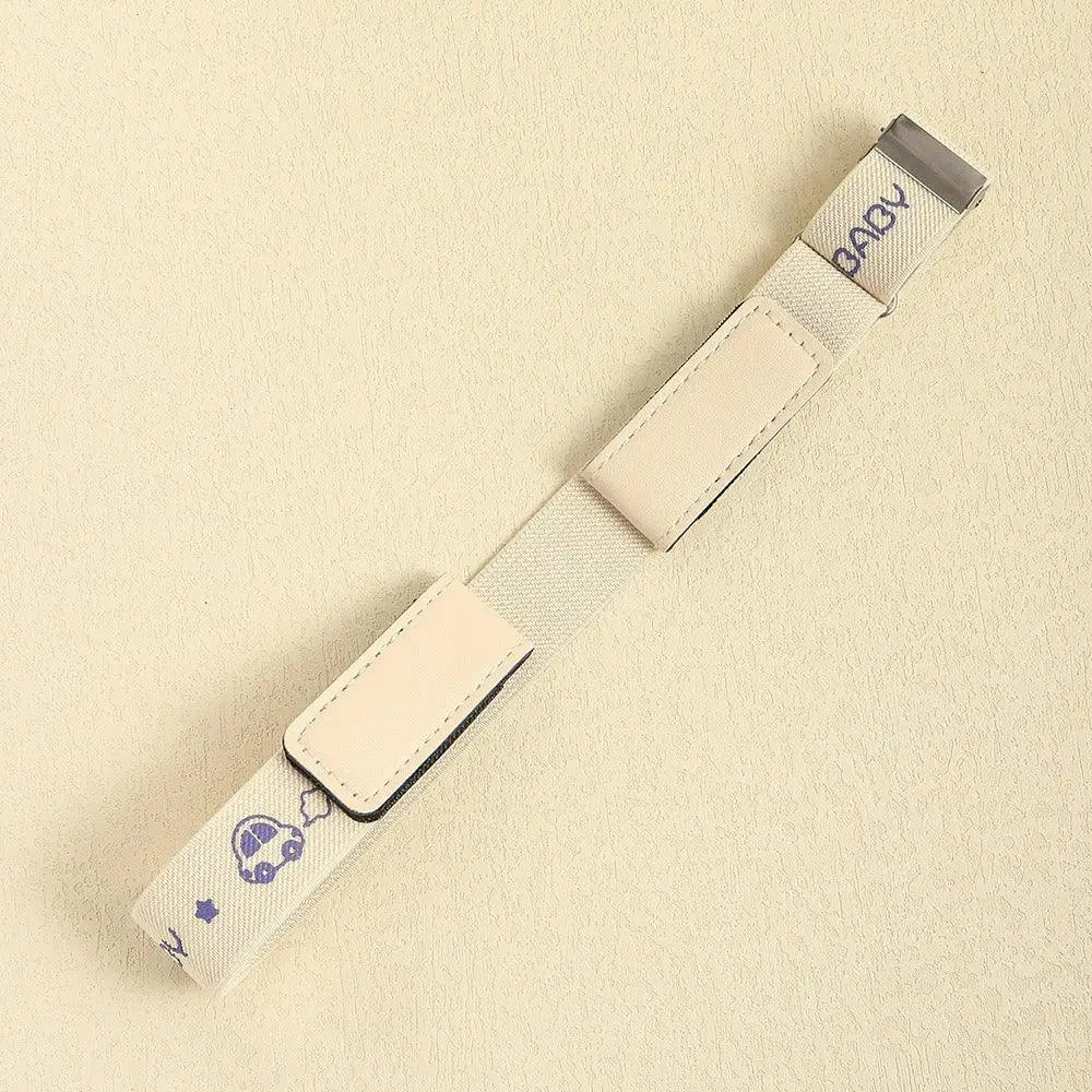 White baby belt with car pattern featuring Erwin buckle-free belt design