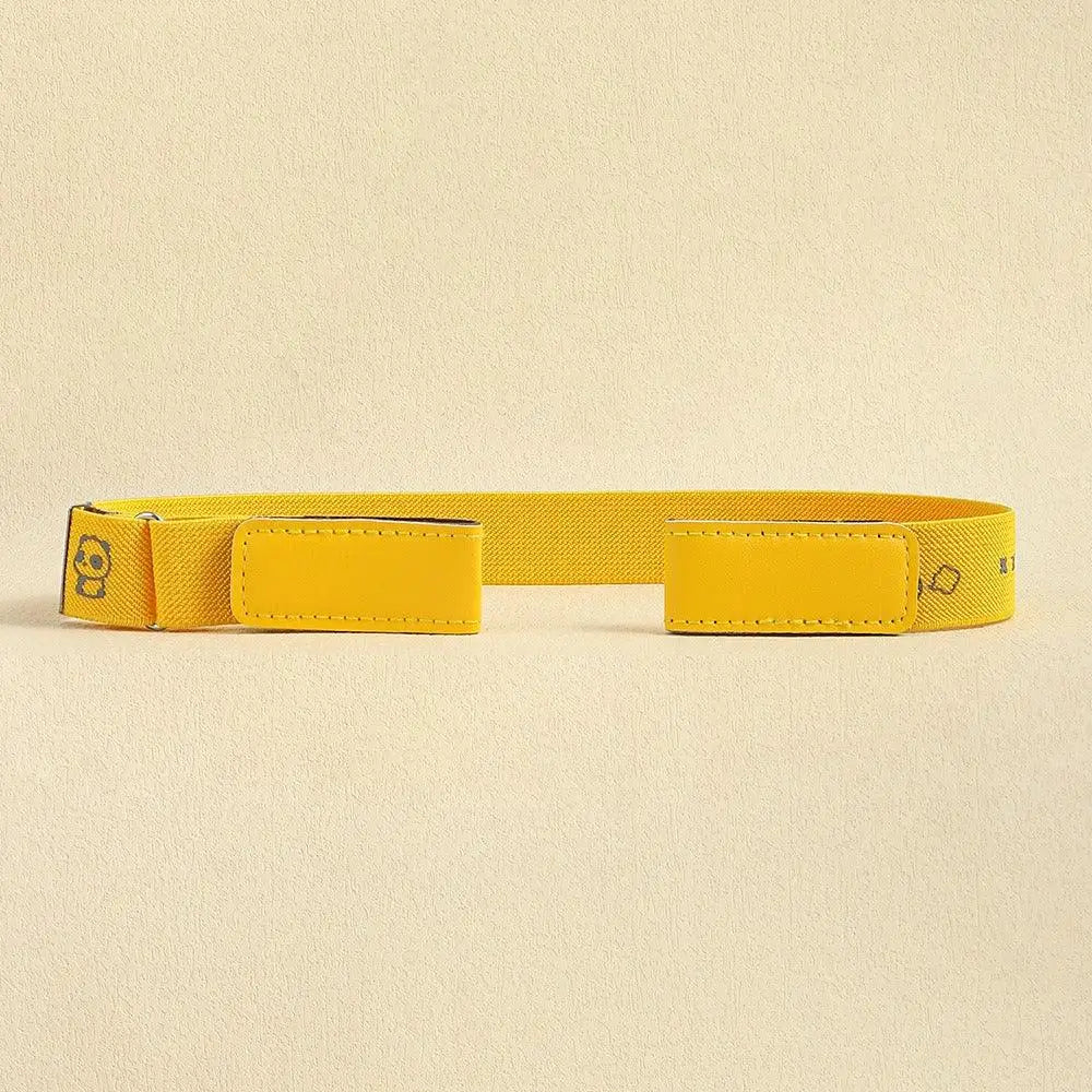 Yellow fabric belt with leather accents for Light Blue Denim Shorts with Pink Belt Loops and Erwin Buckle-Free Belt