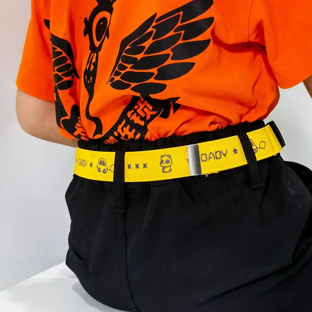 Yellow belt with cartoon designs showcasing the Erwin buckle-free belt feature