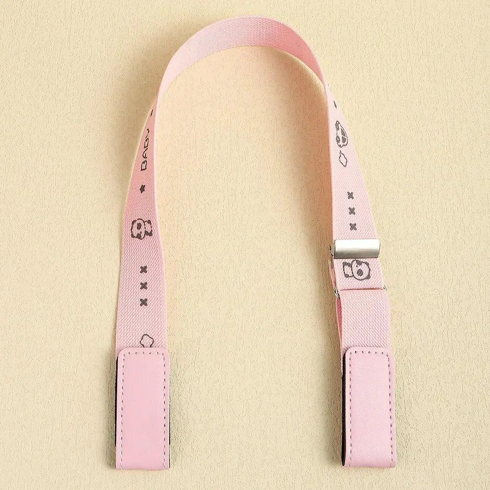 Pink patterned bag strap displayed alongside Light Blue Denim Shorts with Erwin Buckle-Free Belt