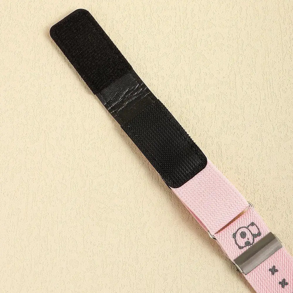 Pink and black adjustable strap of Erwin Buckle-Free Belt on Light Blue Denim Shorts