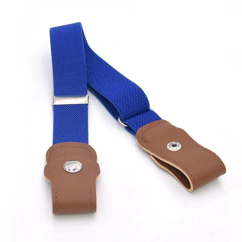 Blue elastic suspender with brown leather ends on Sans Boucle elastic belt for woman