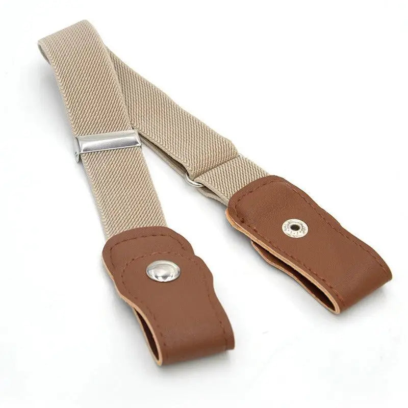 Tan elastic suspenders with brown leather button loops for Feebles Model denim shorts