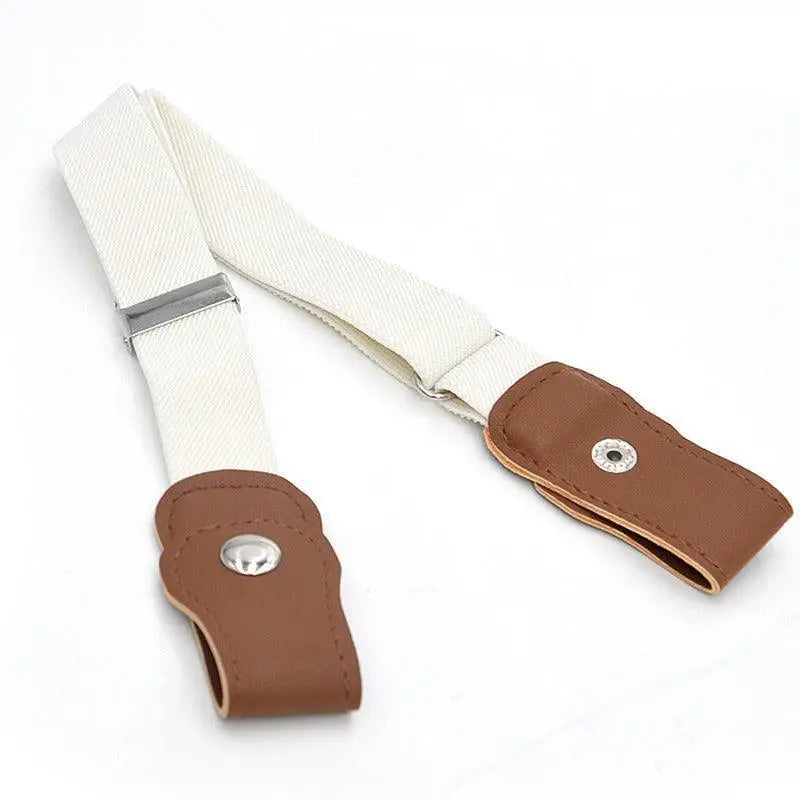 Adjustable white elastic belt with brown leather ends for Denim Shorts with Sans Boucle style