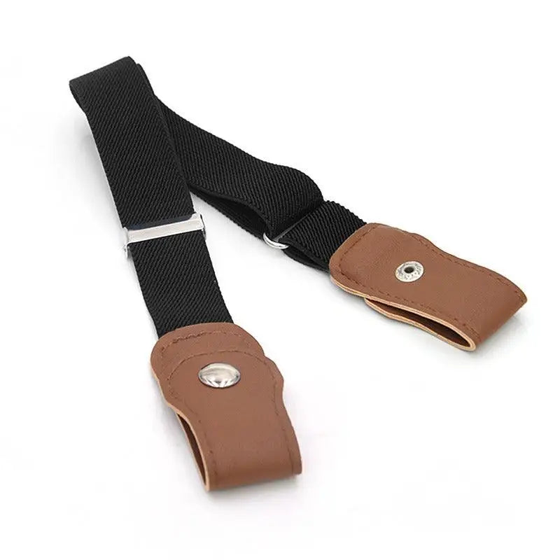 Black elastic belt with brown leather tabs for Denim Shorts with Sans Boucle Elastic Belt