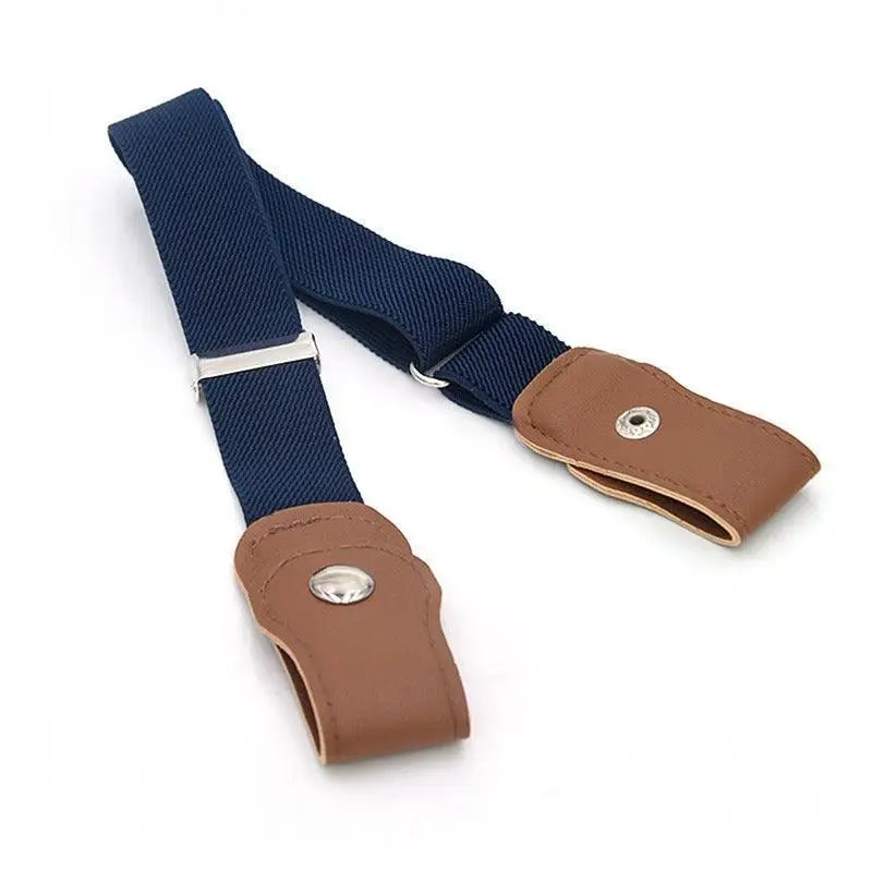 Navy elastic belt with brown leather tabs for Denim Shorts with Sans Boucle elastic belt for woman
