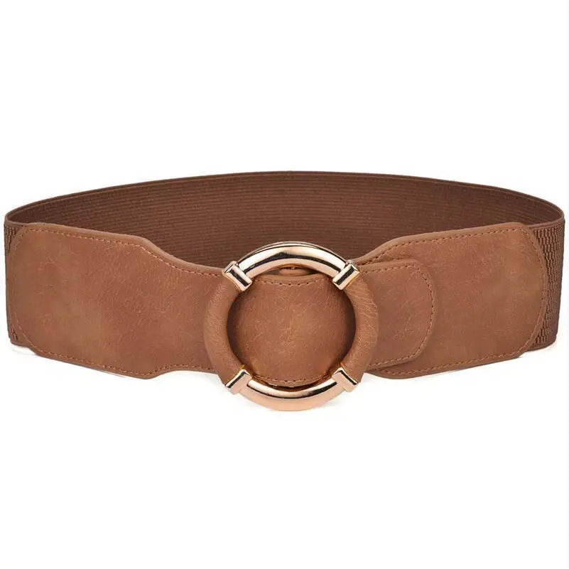 Brown elastic belt with circular buckle featured in Black Elastic Belt with Gold Buckle for Dresses and Outfits