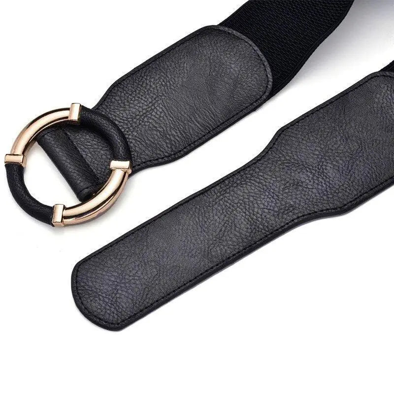 Black elastic belt with gold buckle designed for dresses and outfits