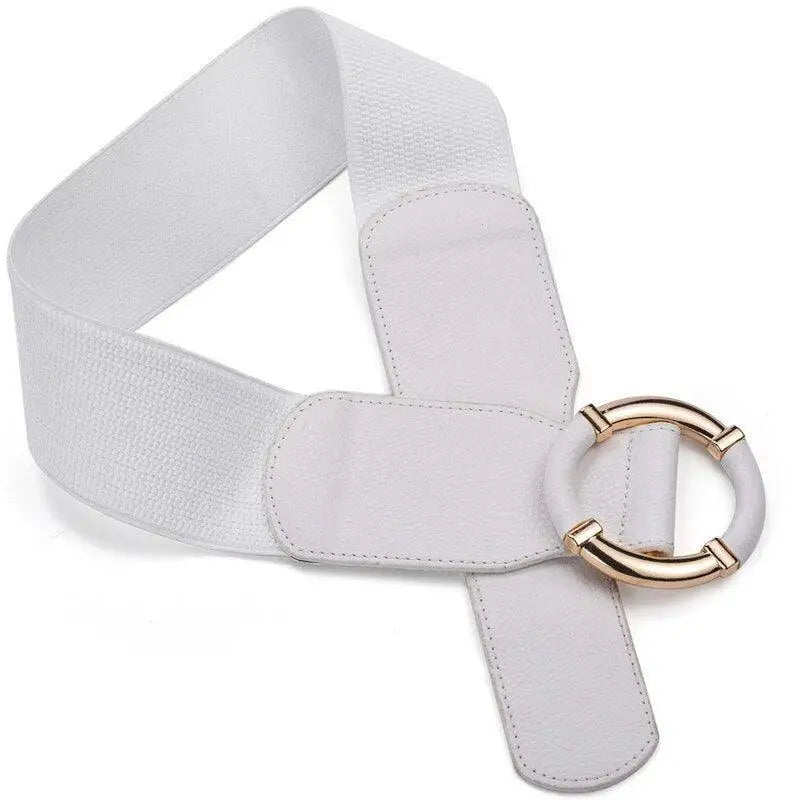 White elastic belt with gold ring buckle for dresses and outfits product image