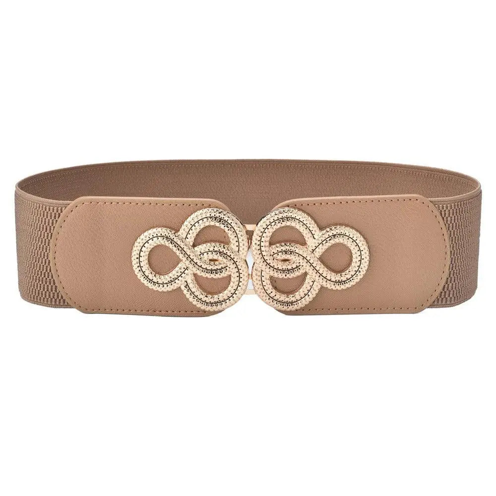 Beige elastic belt with gold infinity clasp accessory for Black Off-The-Shoulder Dress
