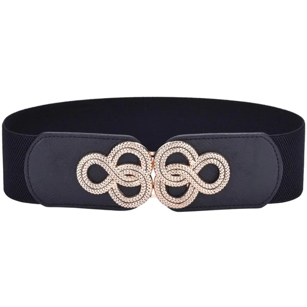 Black elastic belt with decorative clasp worn with a Black Off-The-Shoulder Dress and Brown Lace Skirt