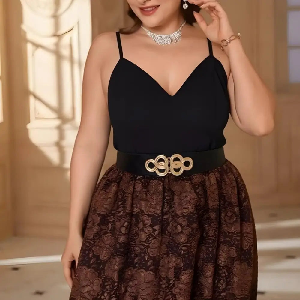 Elegant woman wearing black off-the-shoulder dress with white belt and brown lace skirt