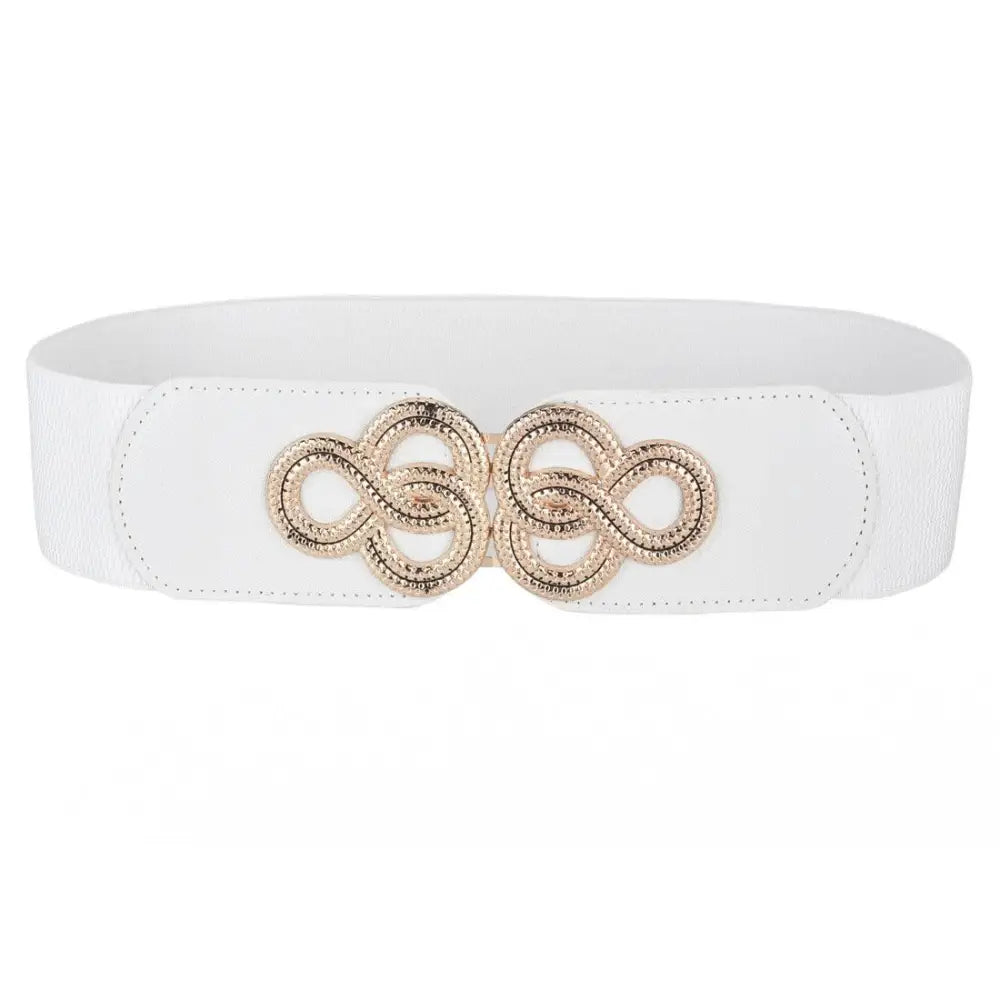 White elastic belt with a gold knot buckle shown with Black Off-The-Shoulder Dress