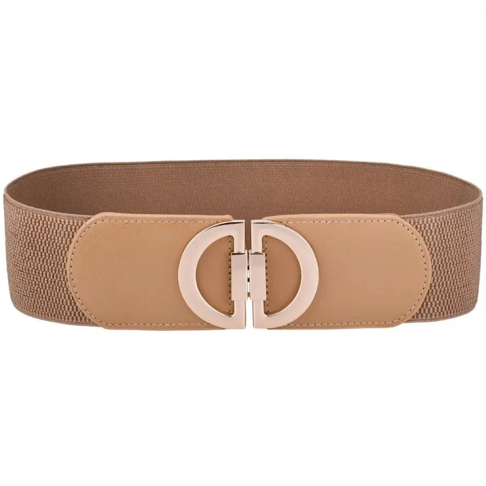 Beige elastic belt with a gold buckle, part of a set of four colorful belts