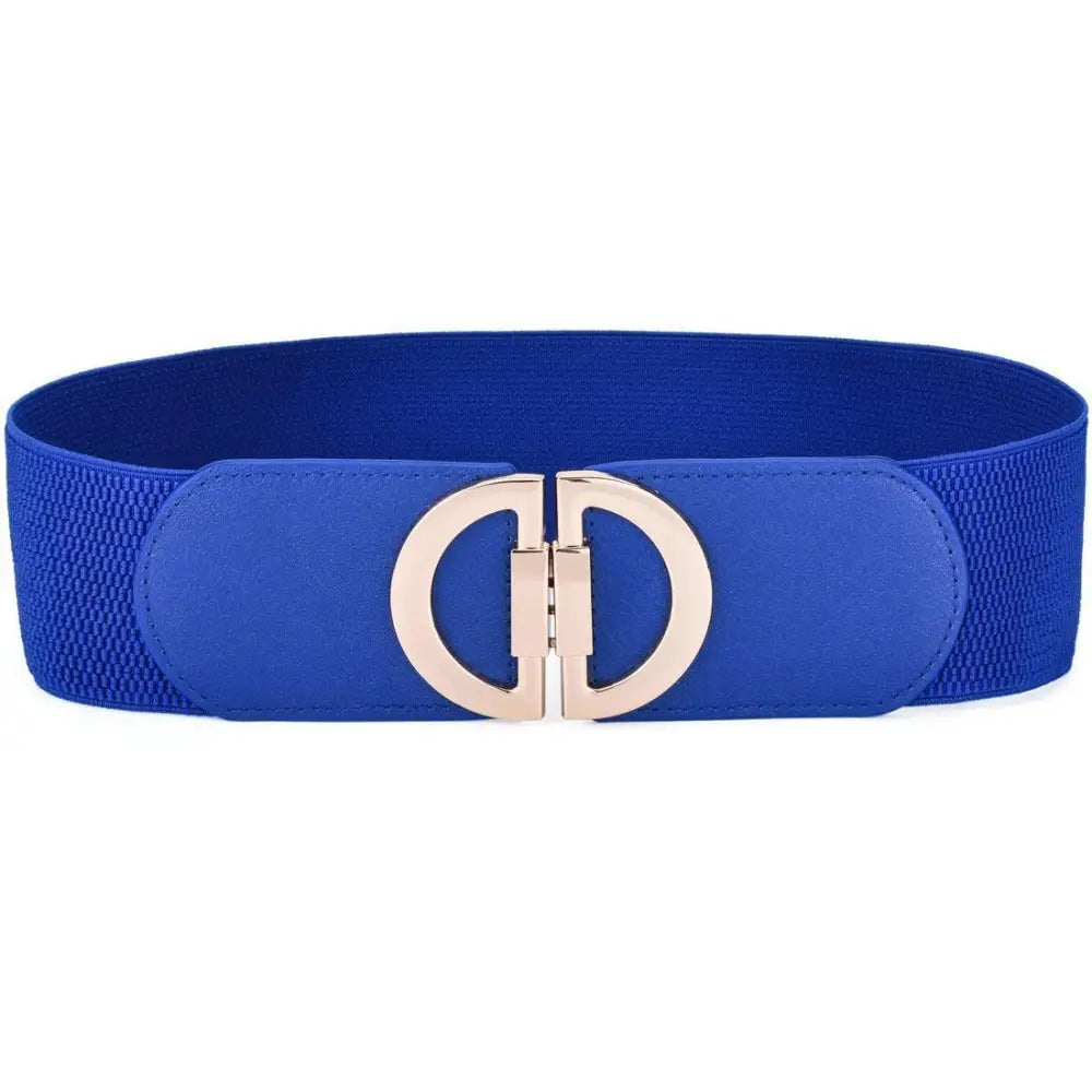 Blue elastic belt with a gold buckle, part of a colorful set of four belts