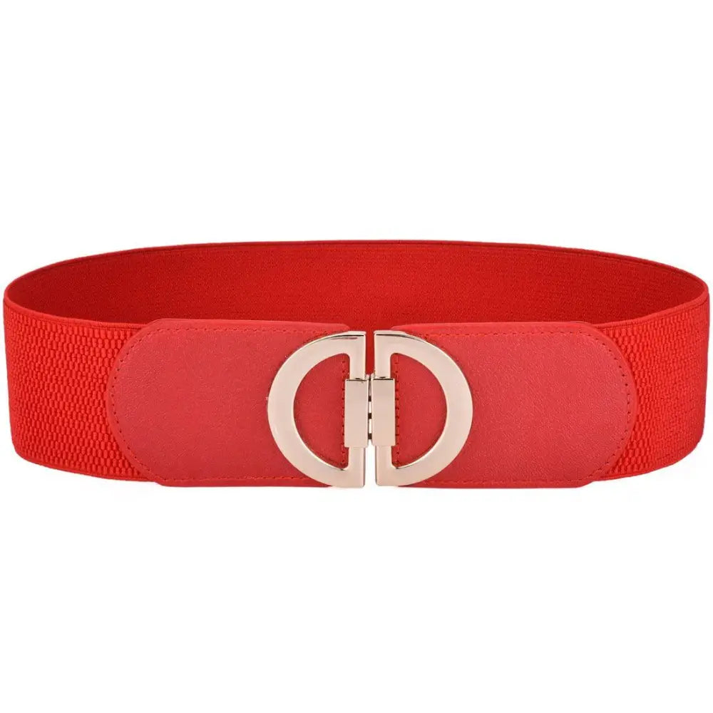Red elastic belt with a gold buckle featuring in a set of four colorful elastic belts