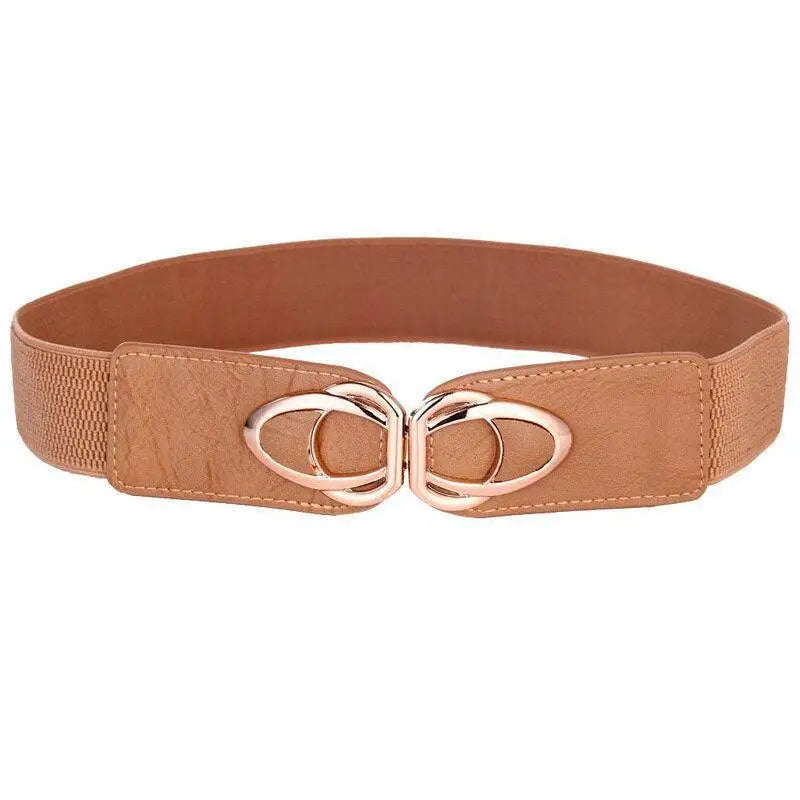 Tan elastic belt with gold buckle from the Joséfine Belt in Leopard Print Shirt Dress