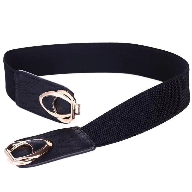 Black elastic belt with gold buckle designed as Joséfine Belt for Leopard Print Shirt Dress