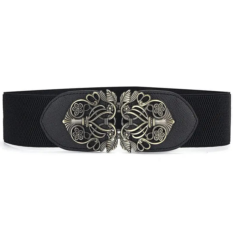 Black elastic belt with ornate silver clasp on Floral Dress with Decorative Belt and Silver Clasp