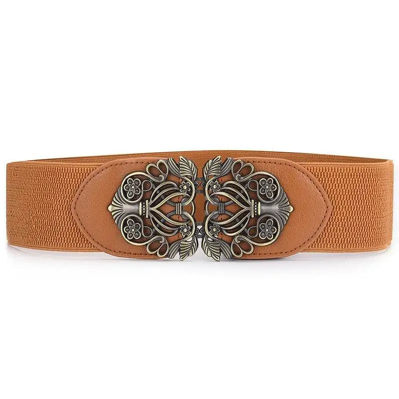 Brown elastic belt with ornate silver clasp on Floral Dress with Decorative Belt and Silver Clasp