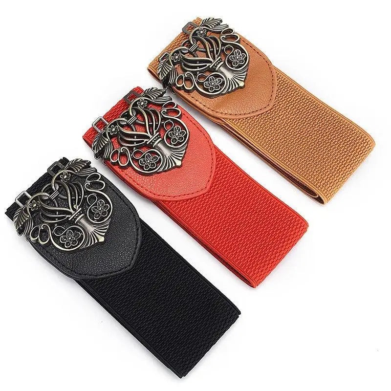 Three elastic floral belts with decorative metal silver clasps for the Floral Dress