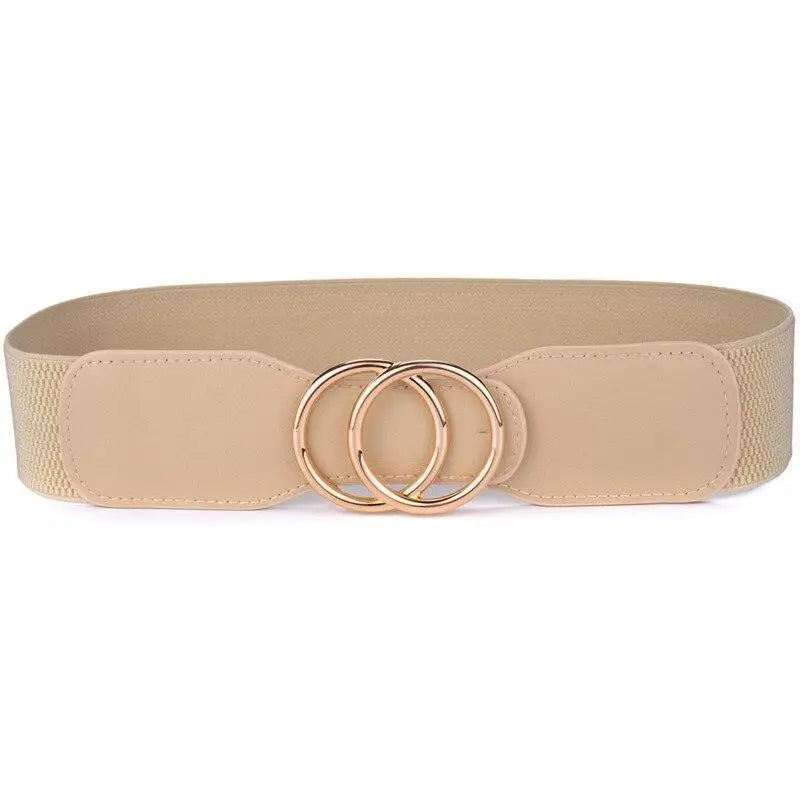 Beige elastic belt with gold interlocking circles for Cream Ribbed Dress