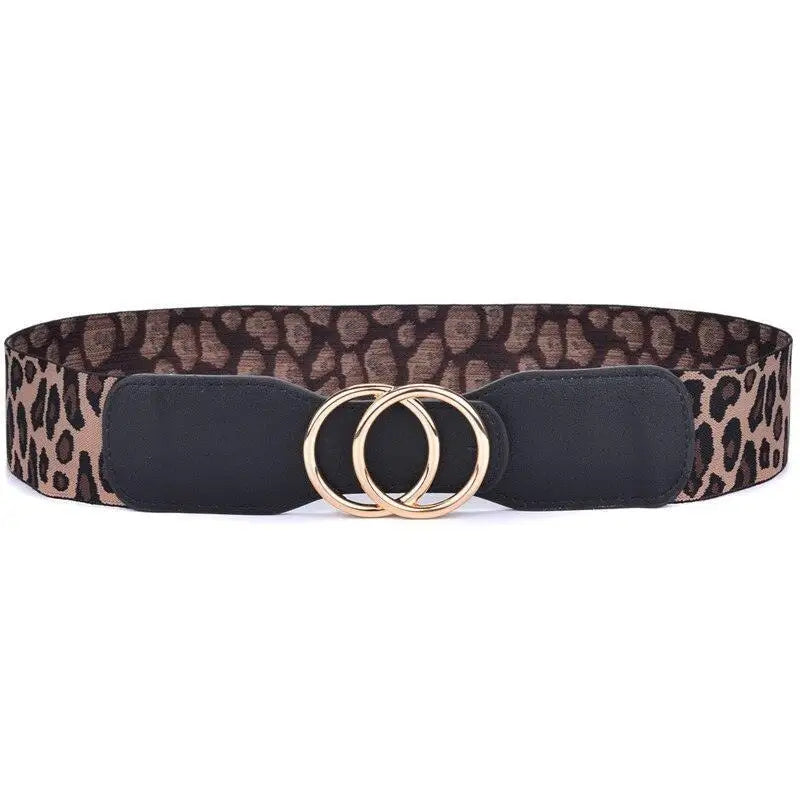 Leopard print elastic belt with double circle buckle on Cream Ribbed Dress