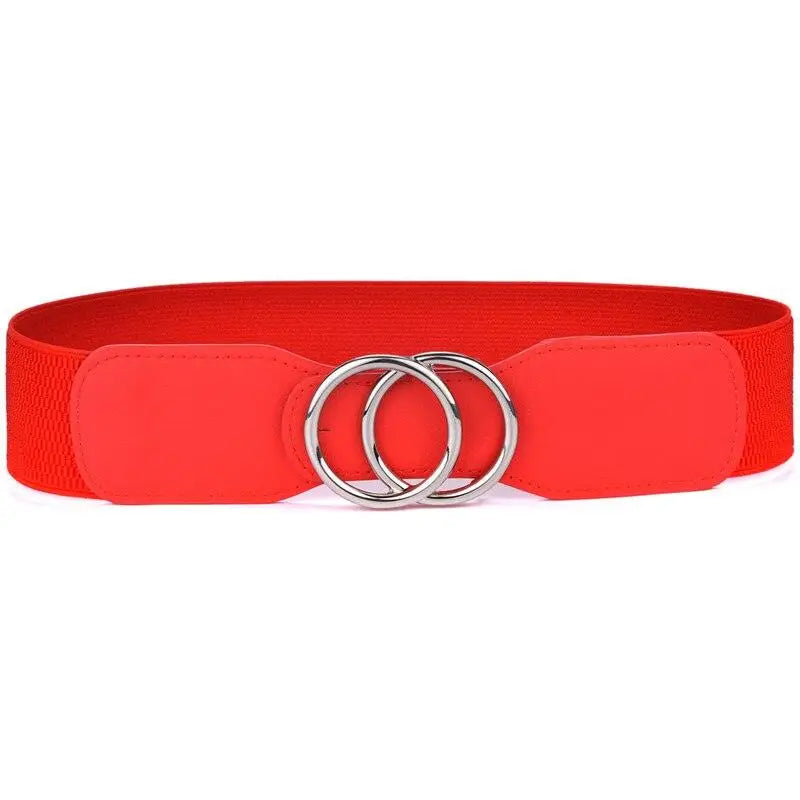 Red elastic belt with silver interlocking rings for Cream Ribbed Dress with Black Belt