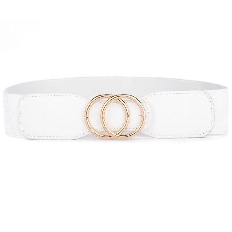 White elastic belt with gold interlocking circles from Cream Ribbed Dress with Black Belt and Gold Interlocking Circles