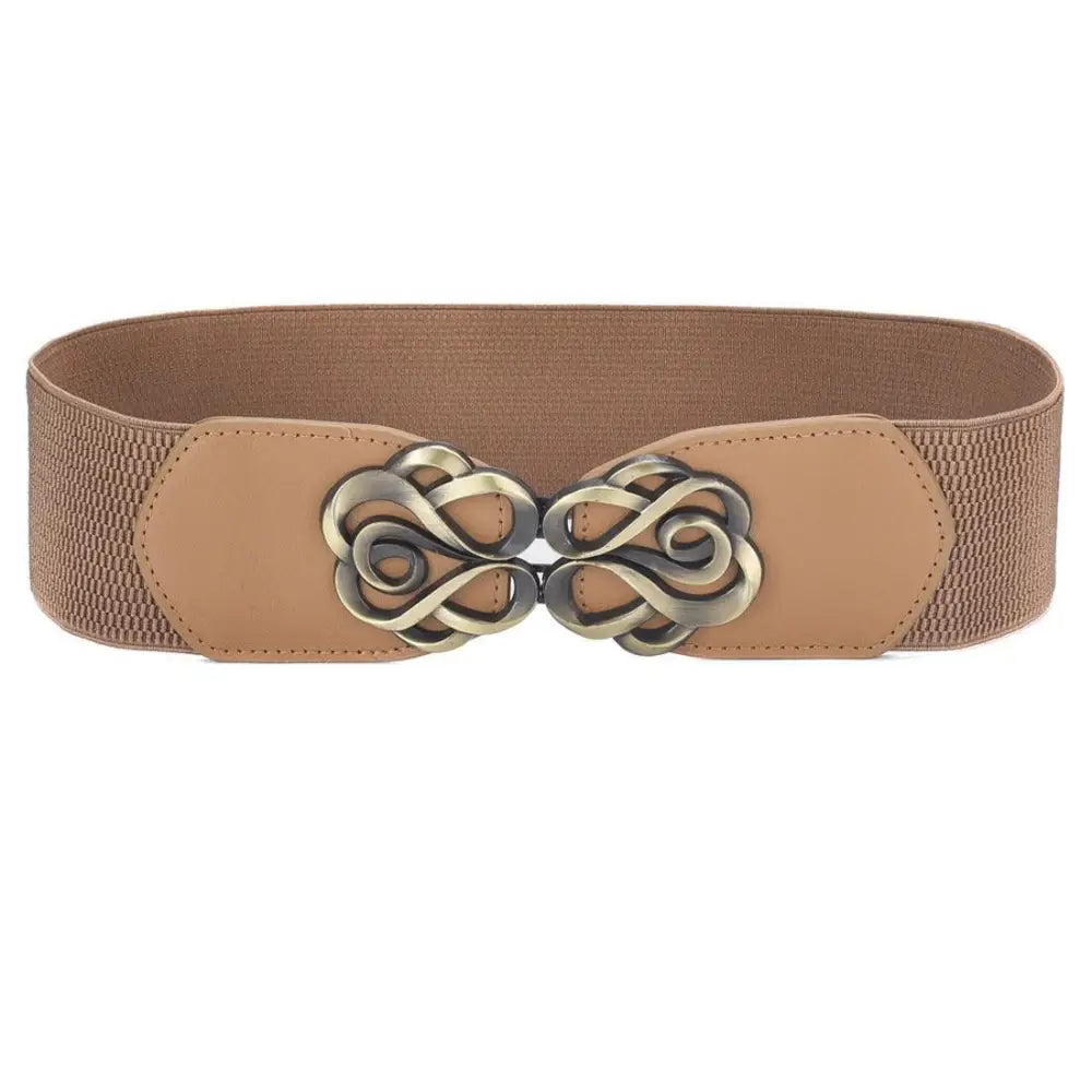Tan Natasja elastic belt with ornate metal clasp from the Natasja Elastic Belt Collection