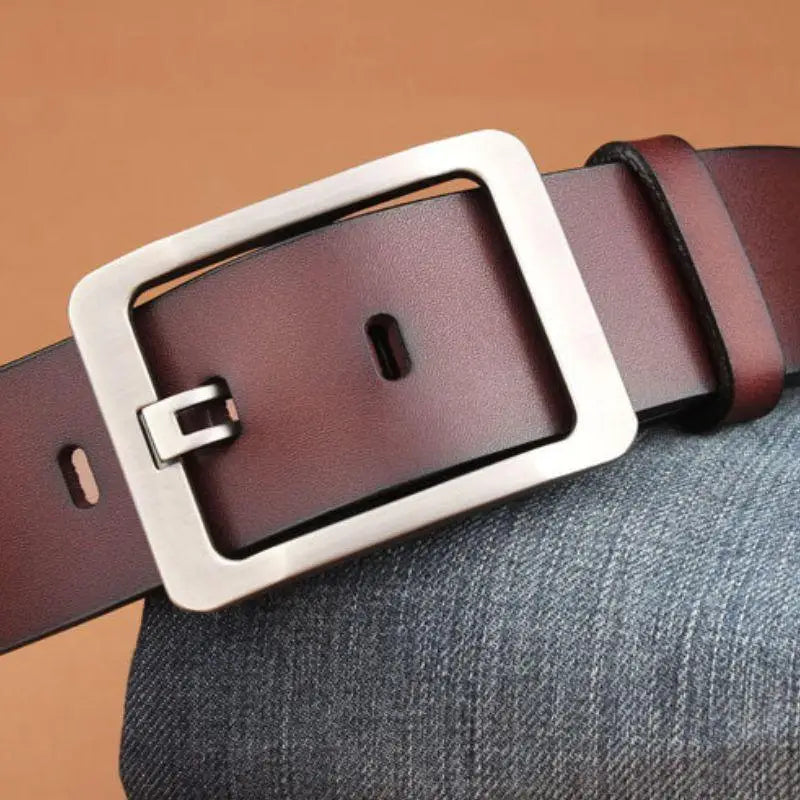 Brown leather belt with a silver square buckle from Leather Belts with Silver Buckles in Burgundy and Brown