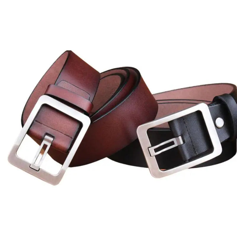 Two leather belts with square silver buckles in Burgundy and Brown displayed