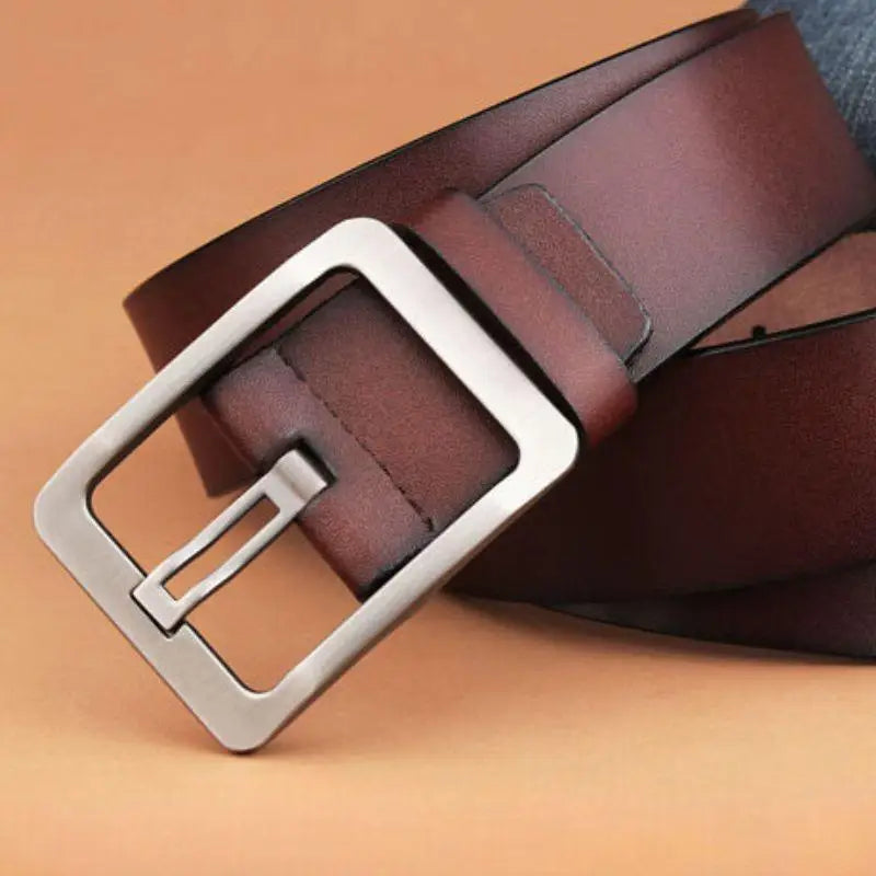 Brown leather belt with a square silver buckle from Leather Belts with Silver Buckles in Burgundy and Brown