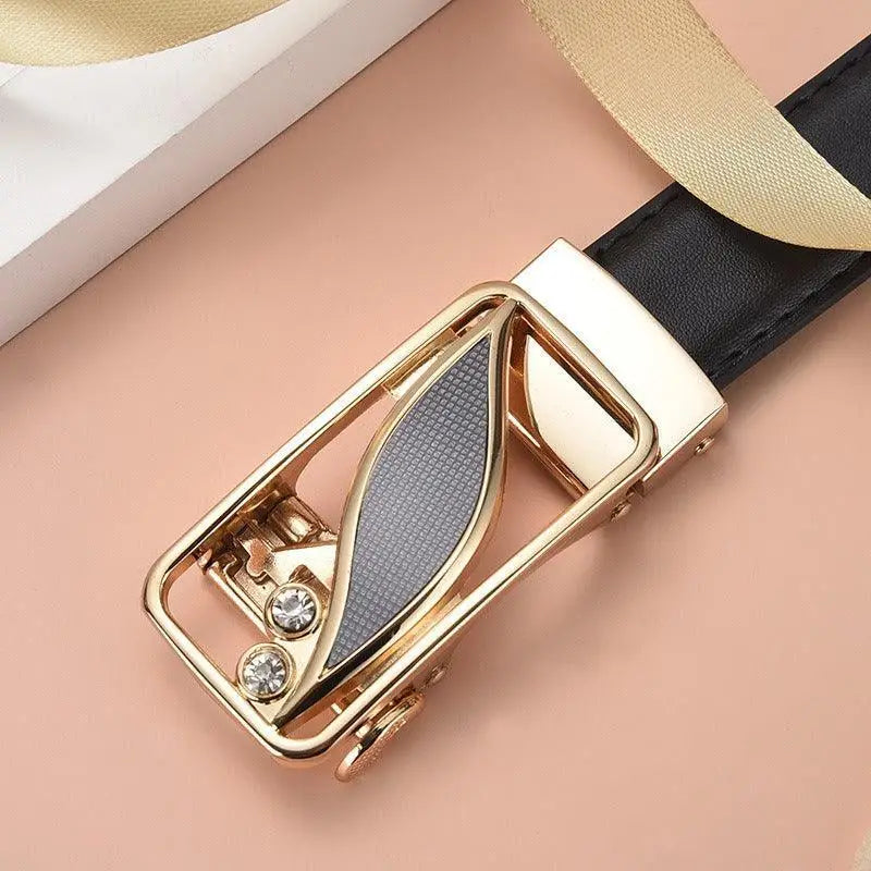 Gold-tone belt buckle with black leather strap from Decorative Red Leather Belts with Gold Buckles