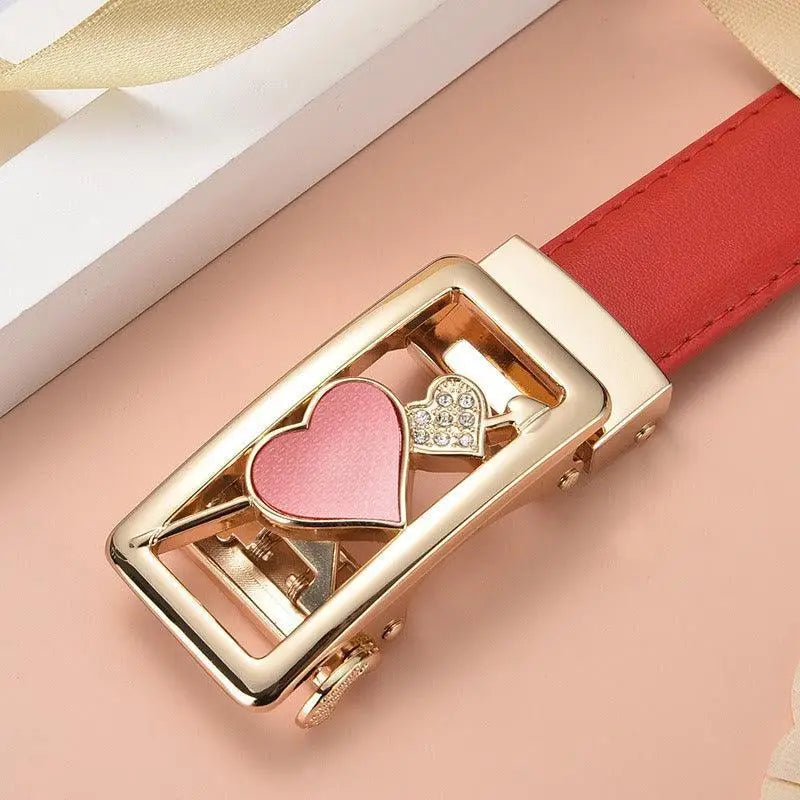 Red leather belt with a gold heart buckle from Decorative Red Leather Belts with Gold Buckles
