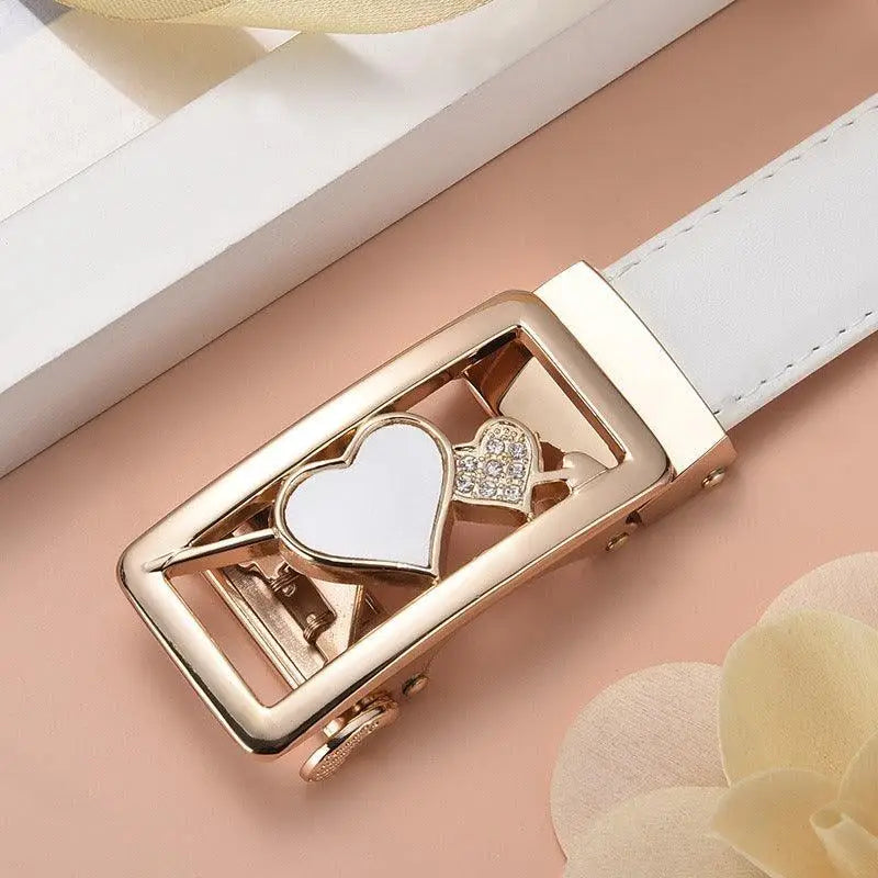 White leather belt featuring a heart-shaped gold buckle from Decorative Red Leather Belts collection