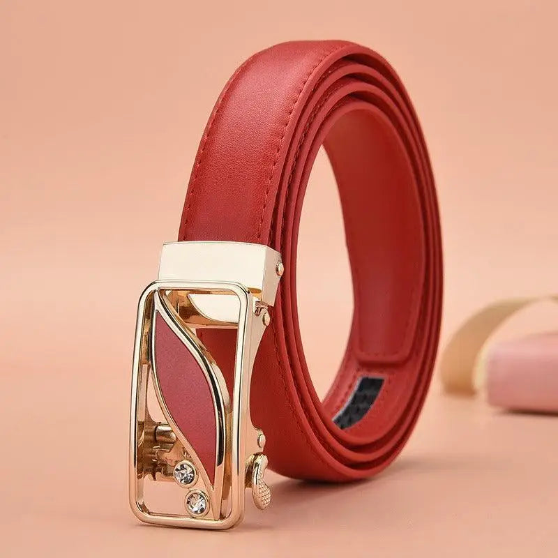 Decorative Red Leather Belt with Gold Buckle showcased in product Description