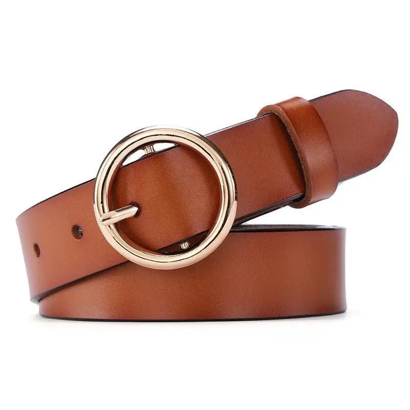 Khatia Leather Belt with Gold Circular Buckle for Men and Women, stylish leather belt